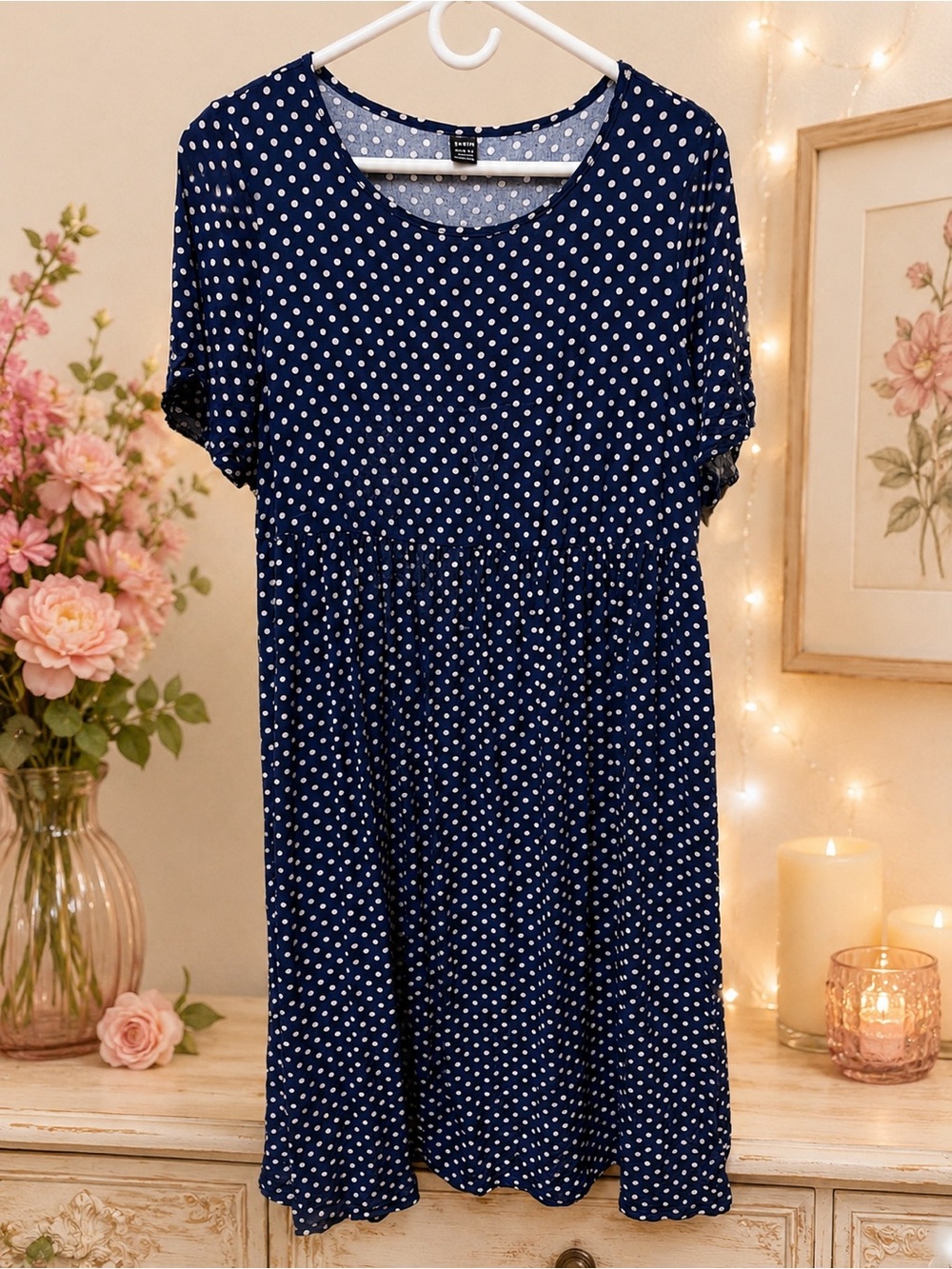 Navy Polka Dot Short Sleeve Midi Dress Large